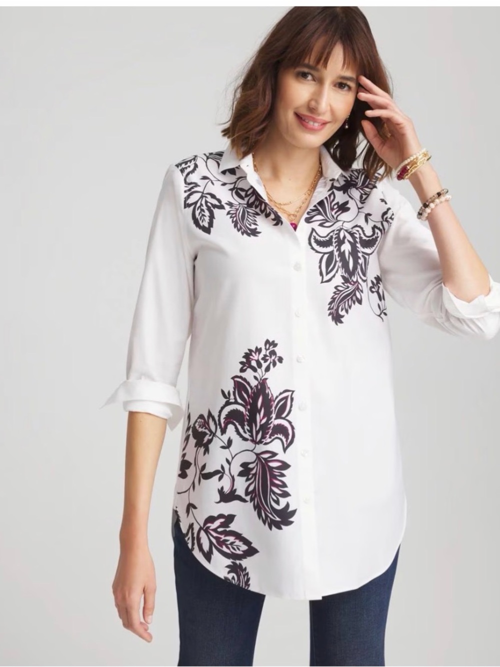 Chico's White Button-Down Shirt with Black Floral Motif